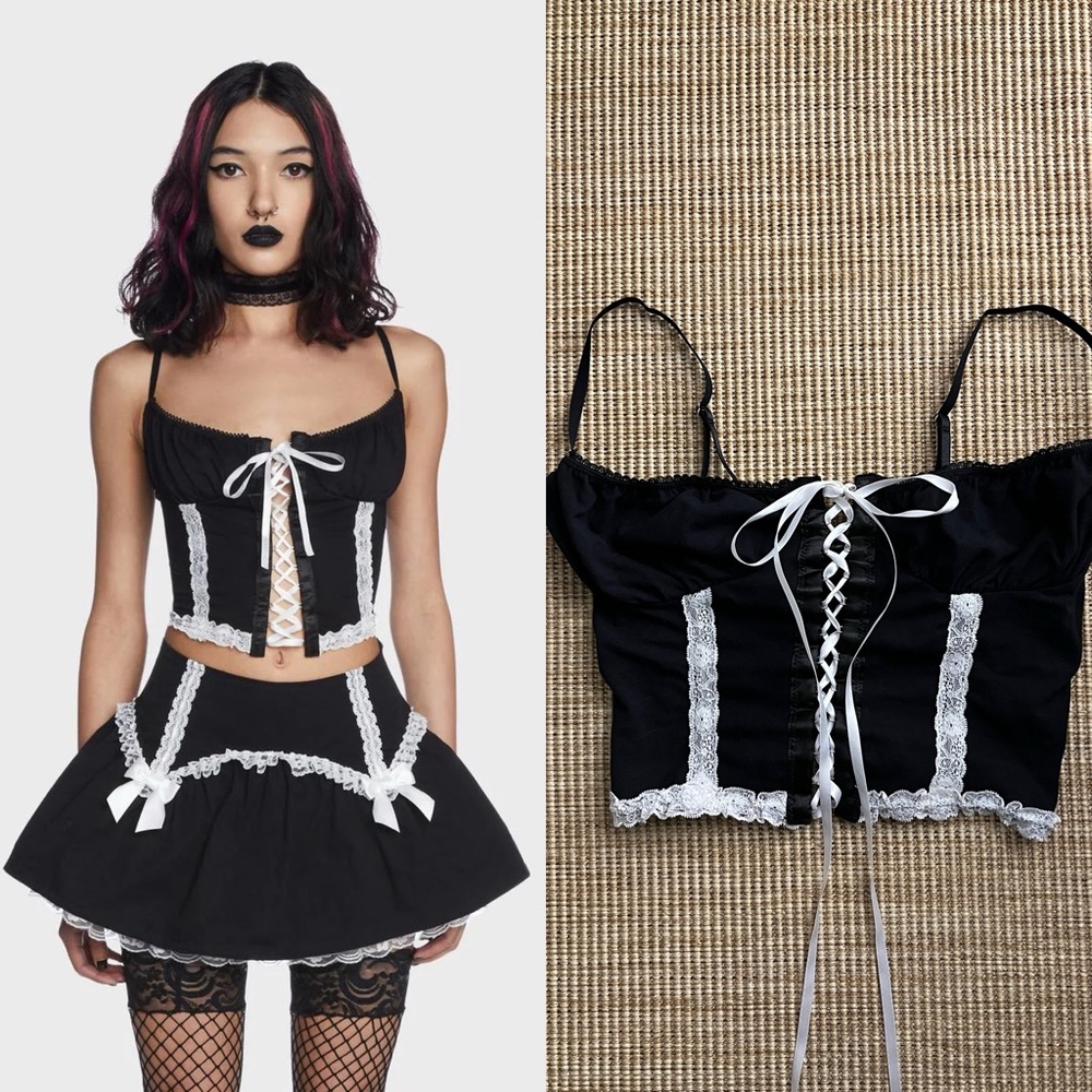 Dollskill balletcore gothic top black with white lace